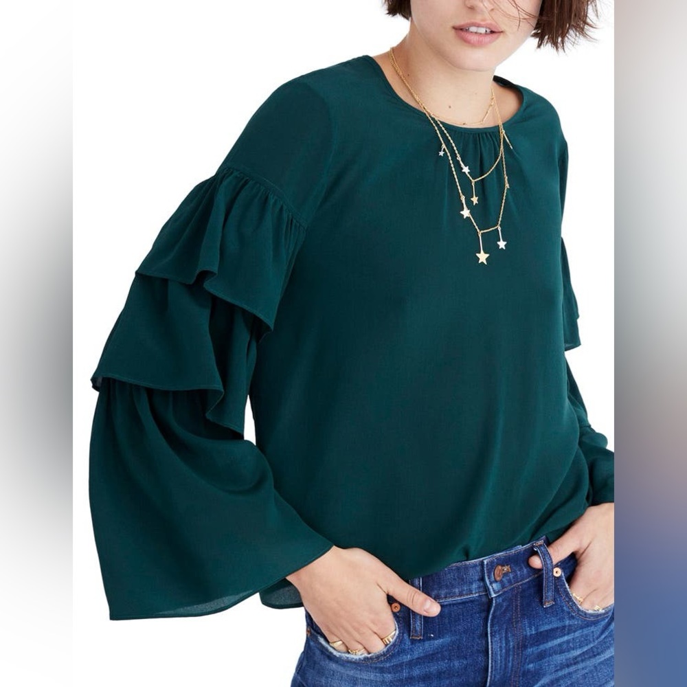 Madewell ruffled long sleeve silk blouse in dark green size large